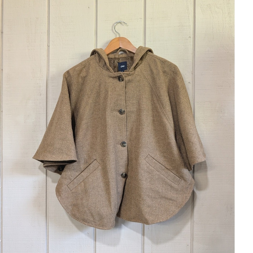 Gap Womens Caramel Tan Wool Blend Hooded Cape Coat Tweed Button Front